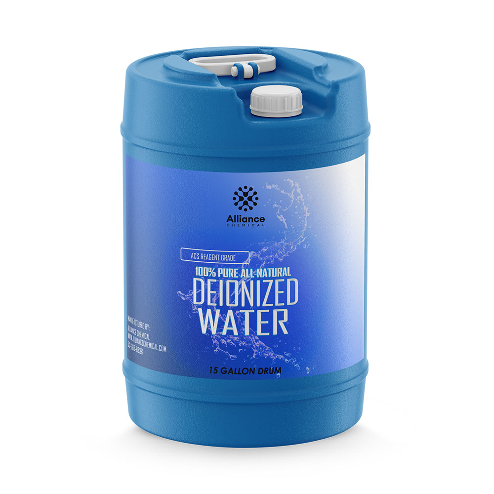 15-gallon blue plastic drum of ACS reagent grade deionized water by Alliance Chemical, featuring secure white cap and handle.